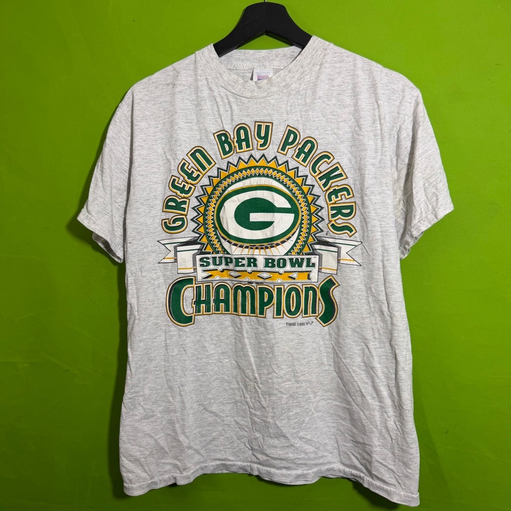 Vintage 1996 Green Bay Packers Super Bowl Champions T-Shirt Logo 7 Grey Medium